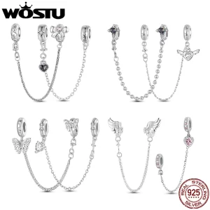 WOSTU 925 Sterling Silver Love Heart Silicone Safety Chain Butterfly Angel Wing Link Charm Fir Original Bracelet DIY Jewelry