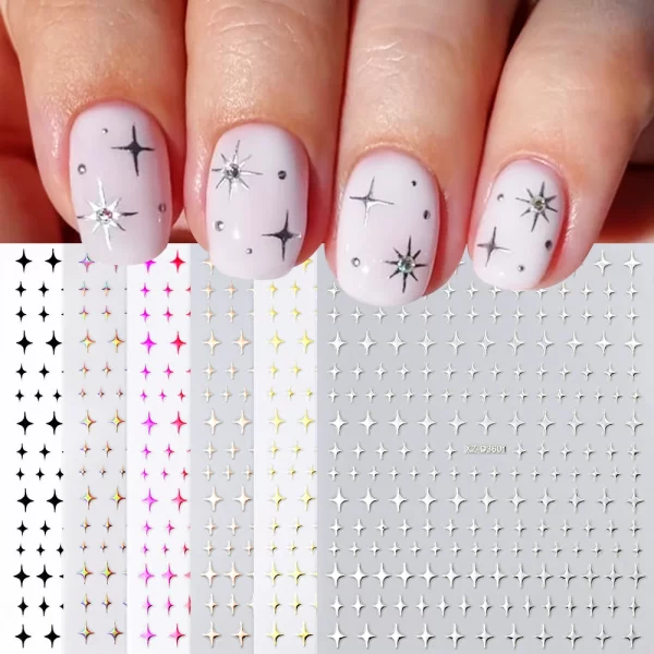 1Sheet Laser Star Nail Stickers 3D Metallic Mirror Gold/Silver Irregular Star Manicure Decals Y2K Self Adhesive Nails Decoration - Image 5