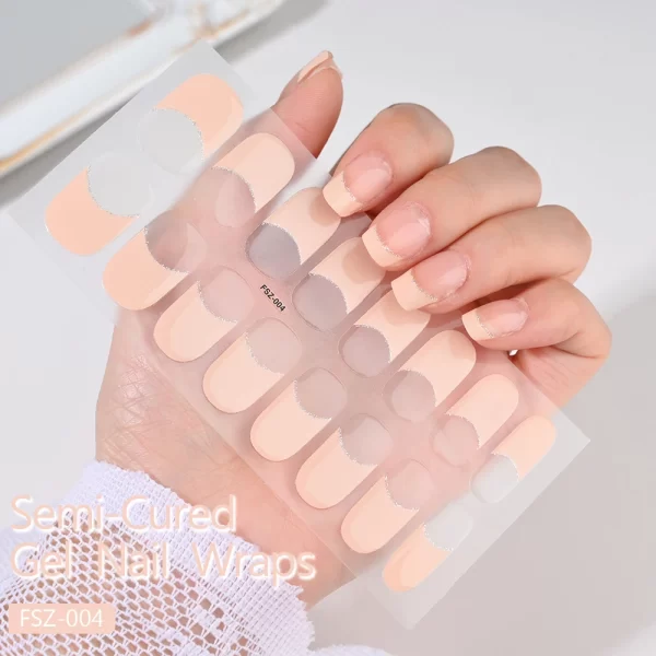 Nude Pink French Semi-Cured Gel Nail Patch Slider Adhesive Waterproof Long Lasting Full Cover Gel Nail Sticker UV Lamp Needed *^ - Image 2