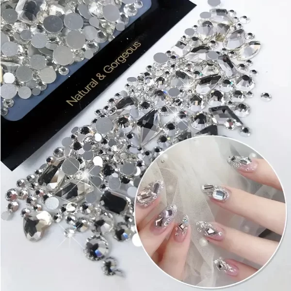 150pcs Flat Round Rhinestone Plus 20 Flat Shaped Large Nail Rhinestones Shapes Charm 3D Rectangular Strass Flat Back Nail Decor* - Image 3