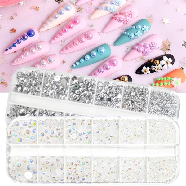 12/6 Grids Flatback AB Pearl Nail Art Decorations Charms White Pink Silver Beads 3D Nail Jewelry Crystal Rhinestone DIY Manicure - Image 2